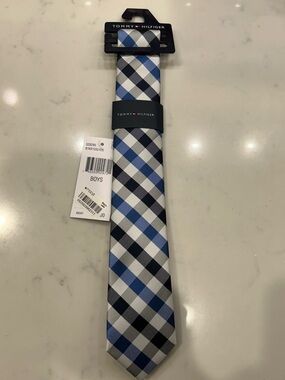 Tommy Hilfiger Blue, Black and White Plaid Boys Tie